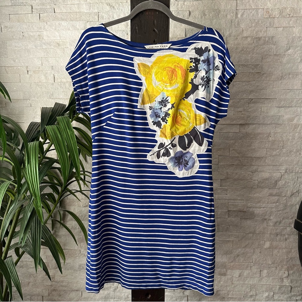 TRINA Turk Designer Blue Stripe Floral Cap Sleeve Dress Size 4